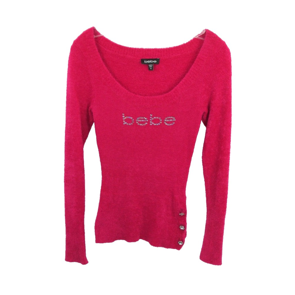 BEBE Pullover Fuzzy Sweater Women XS Hot Pink Rhinestone Logo Scoop Neck Stretch